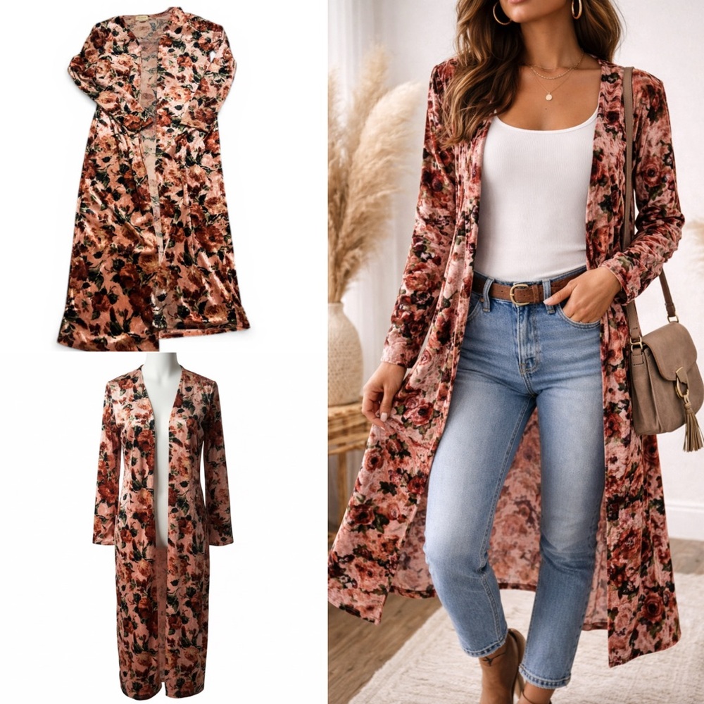 Boho Crushed Velvet Floral Duster Kimono | Cottagecore Coquette Layering Piece